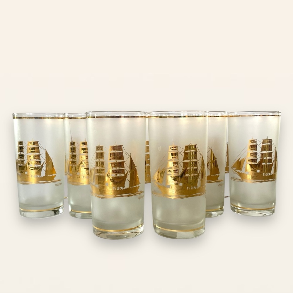 Culver Vintage 22k Gold Schooner Ship Frosted HighBall Glassware Bar SET OF 11